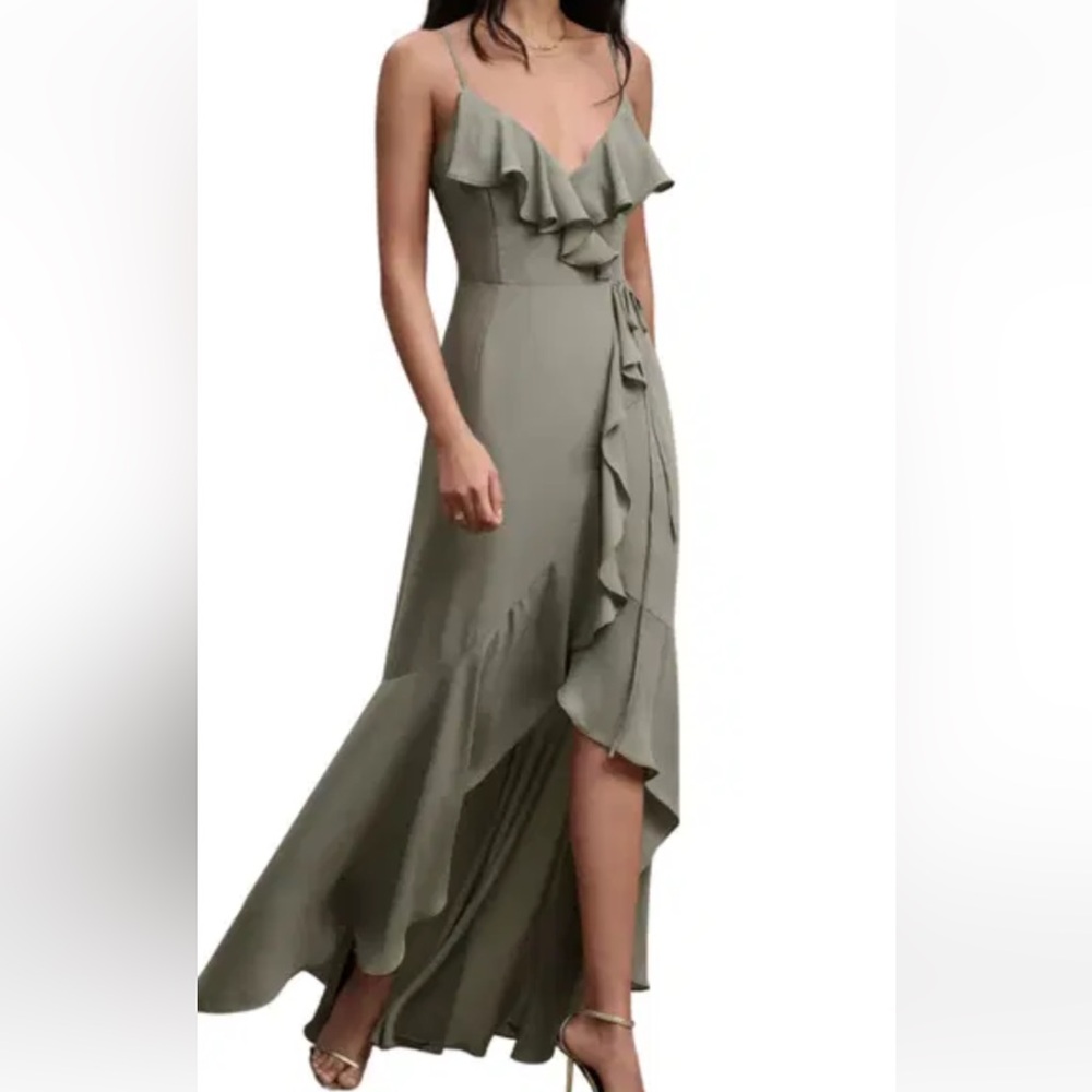 NWT BHLDN Hailee Ruffle Neck Georgette Wrap Moss Green Gown size 14